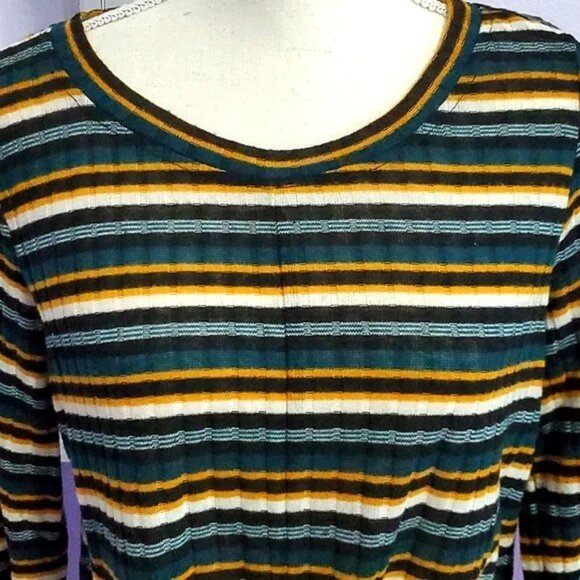 IN San Francisco Retro Dark Green Striped Soft Ribbed Knit Long Sleeve Sweater - Picture 2 of 8